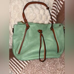 mint green/brown faux leather tote w/drawstring detail & crossbody strap- NWT